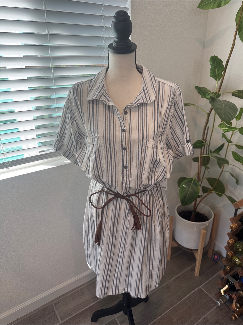 Striped Shirt Midi Dress with Tassel Belt - White/Blue